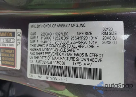 2020 Acura Rdx A-Spec Package z USA, uszkodzony, nr VIN 5J8TC2H65LL035338